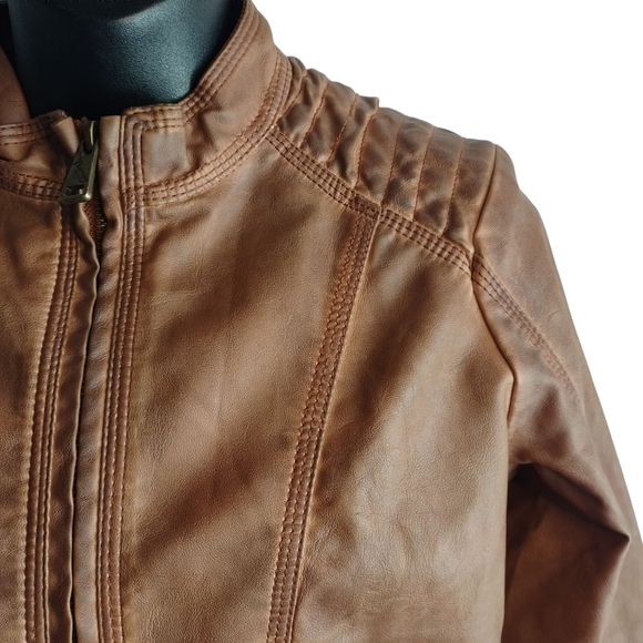 Therapy Women's Brown faux Leather Jacket ZIP Up Pockets Lined Sz M - Picture 3 of 9